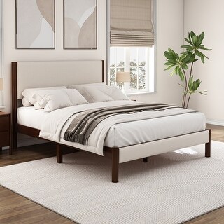Queen Size Upholestery Platform Bed,Mid Century Modern Bed with Walnut ...