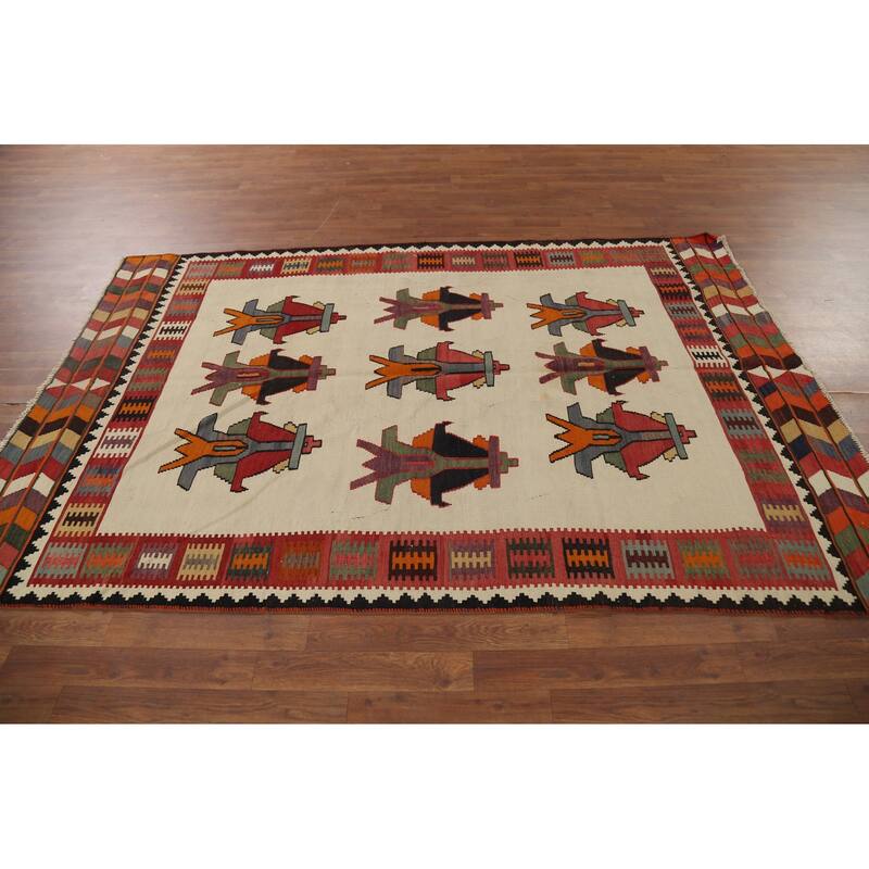 Vegetable Dye Kilim Qashqai Persian Antique Rug Flatweave Wool Carpet - 5'0"x 7'9"