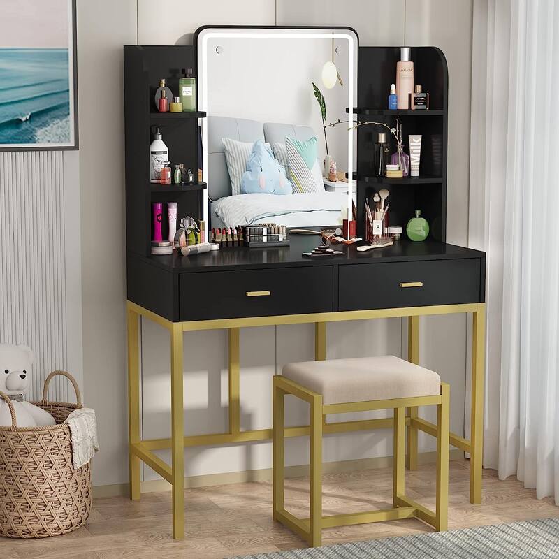 Makeup Vanity Dressing Table with LED Lights, Storage Shelves, Cushioned Stool & 2 Drawers