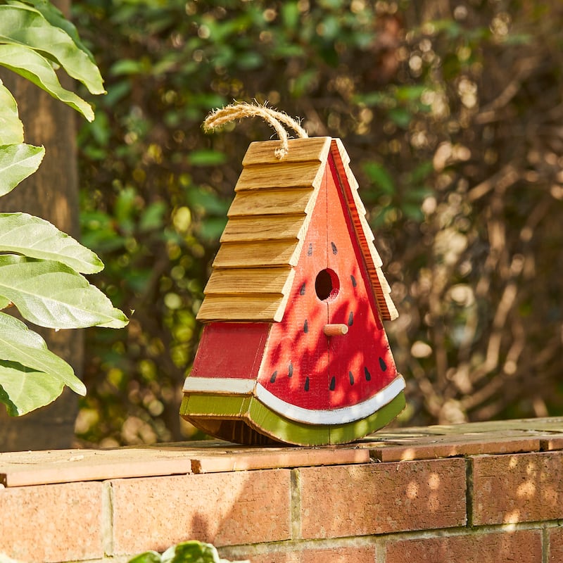 Glitzhome 11"H Distressed Solid Wood Watermelon Hanging Garden Birdhouse