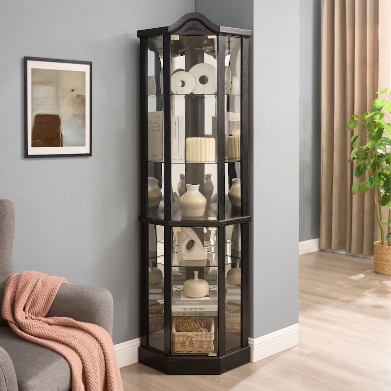 Lighted Corner Curio Cabinet, Glass Display Cabinet with Adjustable Shelves, Accent Cabinet with Curved Top Carving