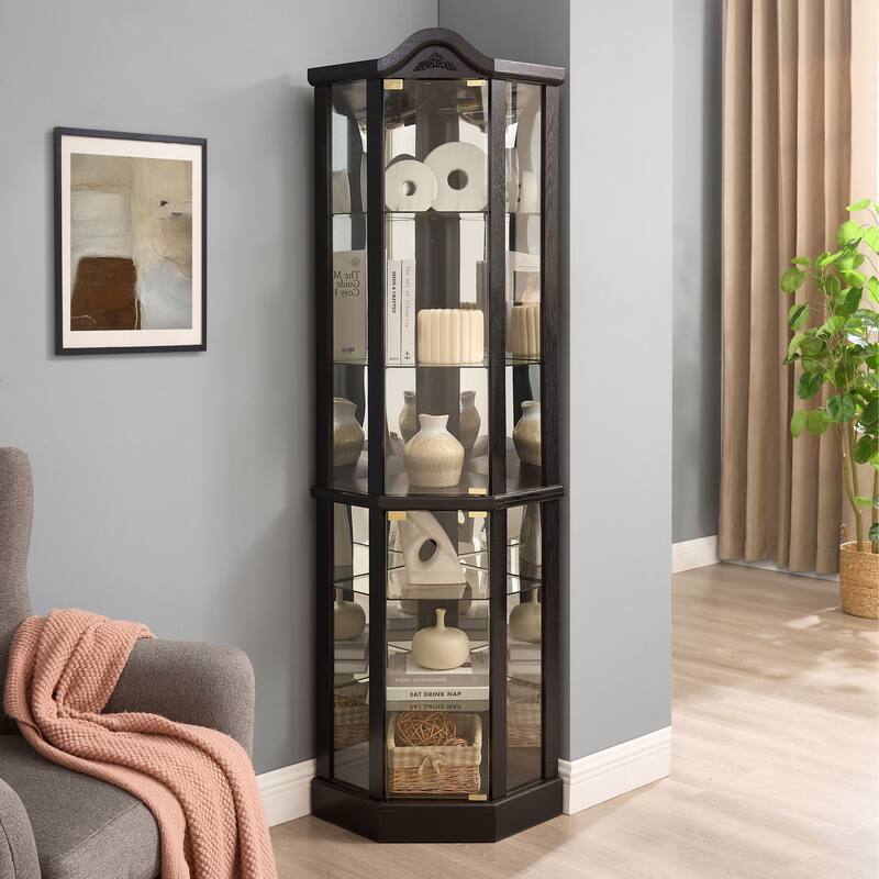 Lighted Glass Display Cabinet Corner Curio Cabinet with Adjustable Shelves Carved Cherry Decoration Wine Cabinet