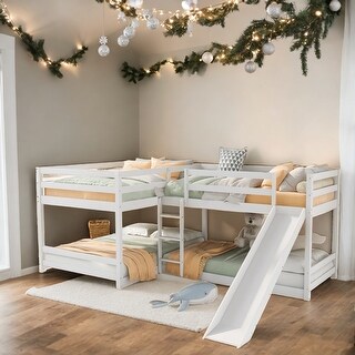 Full and Twin Size L-Shaped Bunk Bed with Slide and Short Ladder