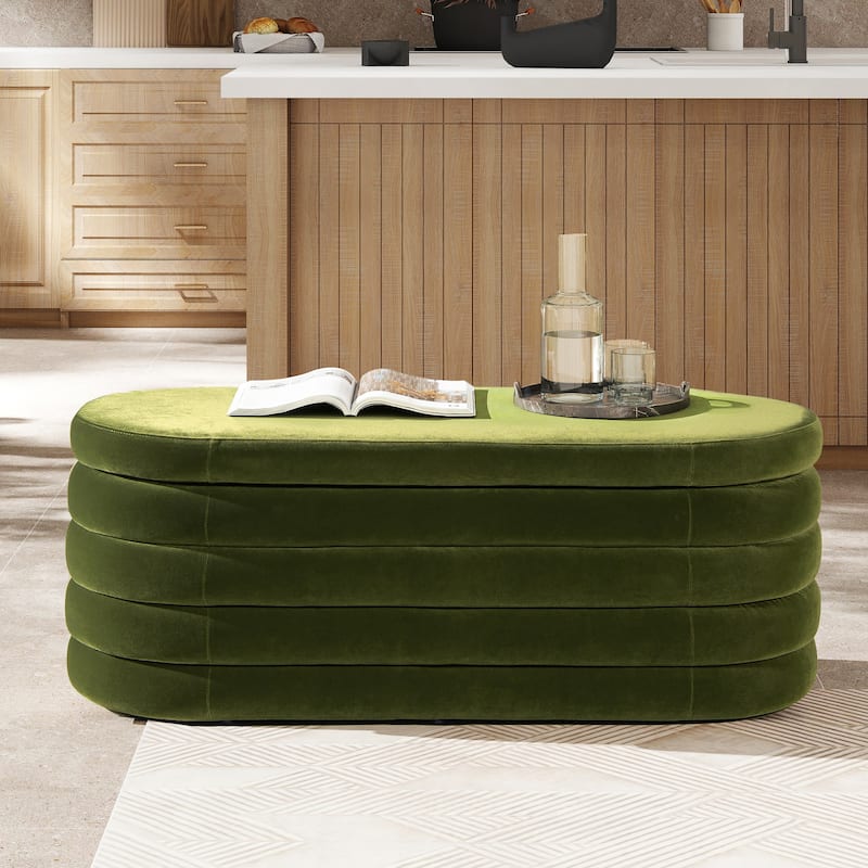 Fuji 49" Boucle Faux Sherpa Upholstered Tufted Oval Storage Bench