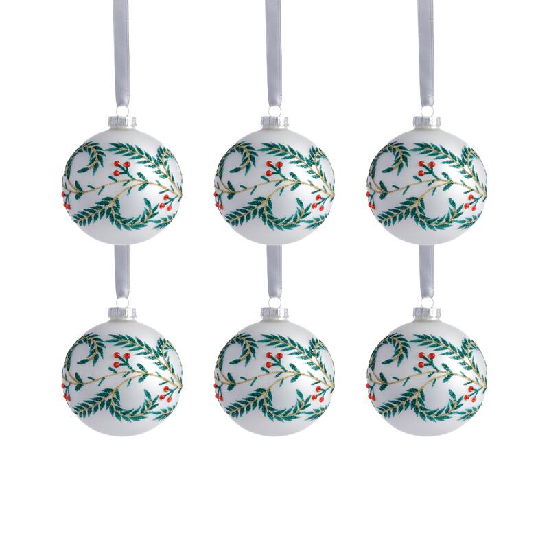 White Metallic Glass Ball Holiday Ornaments with Leaf Design, Set of 6, 3.25"
