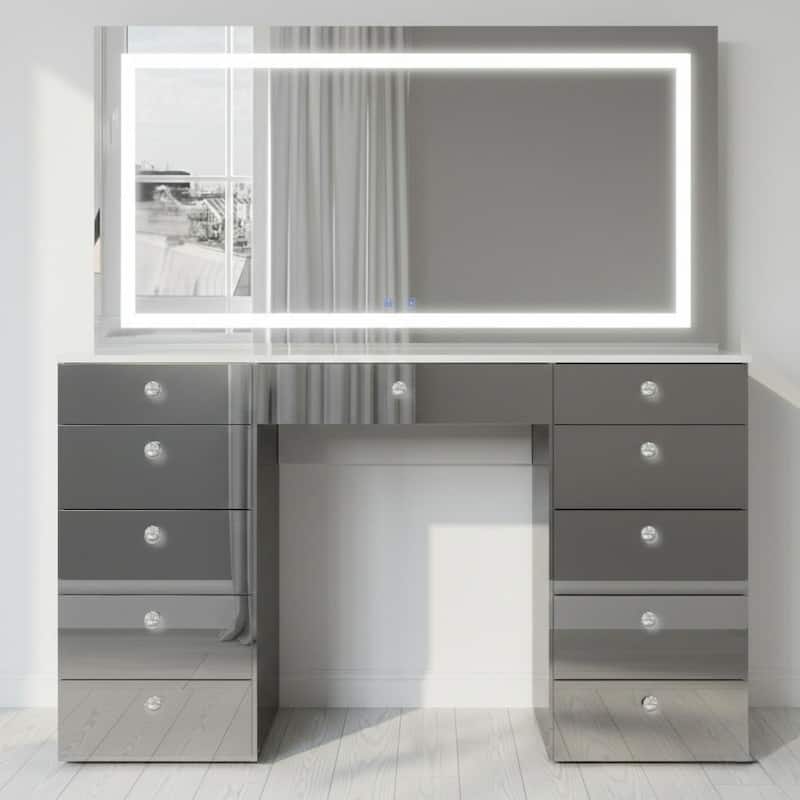Extra-Large Vanity Desk with LED Mirror, Bluetooth Speakers, 11 Drawers and USB Ports