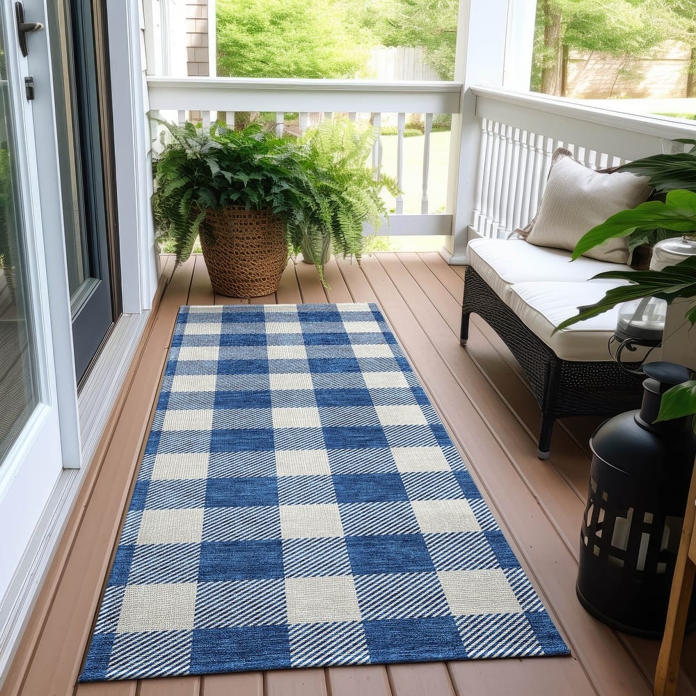 Machine Washable Indoor/ Outdoor Chantille Plaid Rug