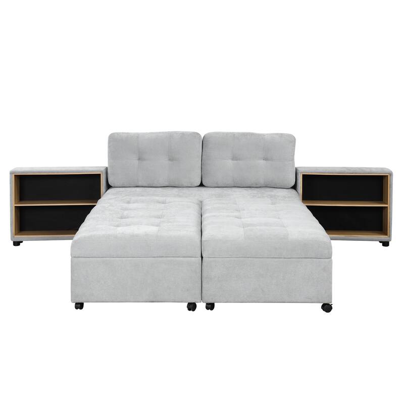 121.2" Versatile Modular Sofa Bed with 2 Storage Racks, Gray, Chenille Upholstered