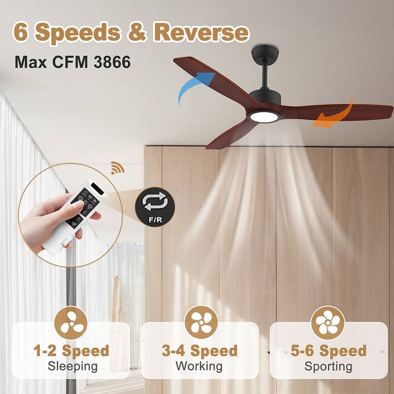 52 in. Wood Standard Indoor Outdoor Black Downrod Mount Ceiling Fans with Dimmable LED Light and Remote Control,Dimmable