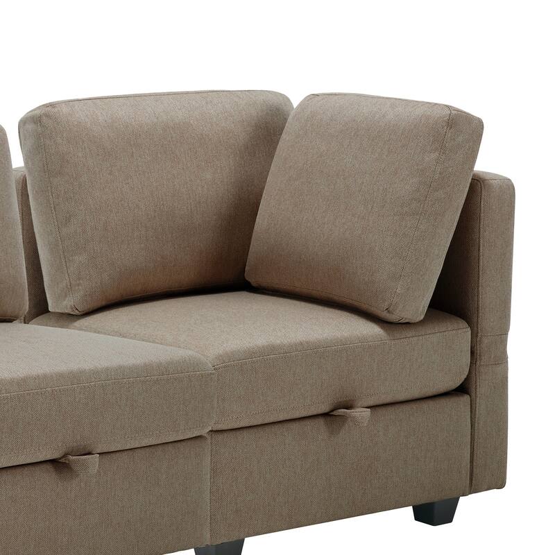 Modern Modular 6 Seat Upholstered Sectional Sofa with Storage, Adjustable Arm, Brown