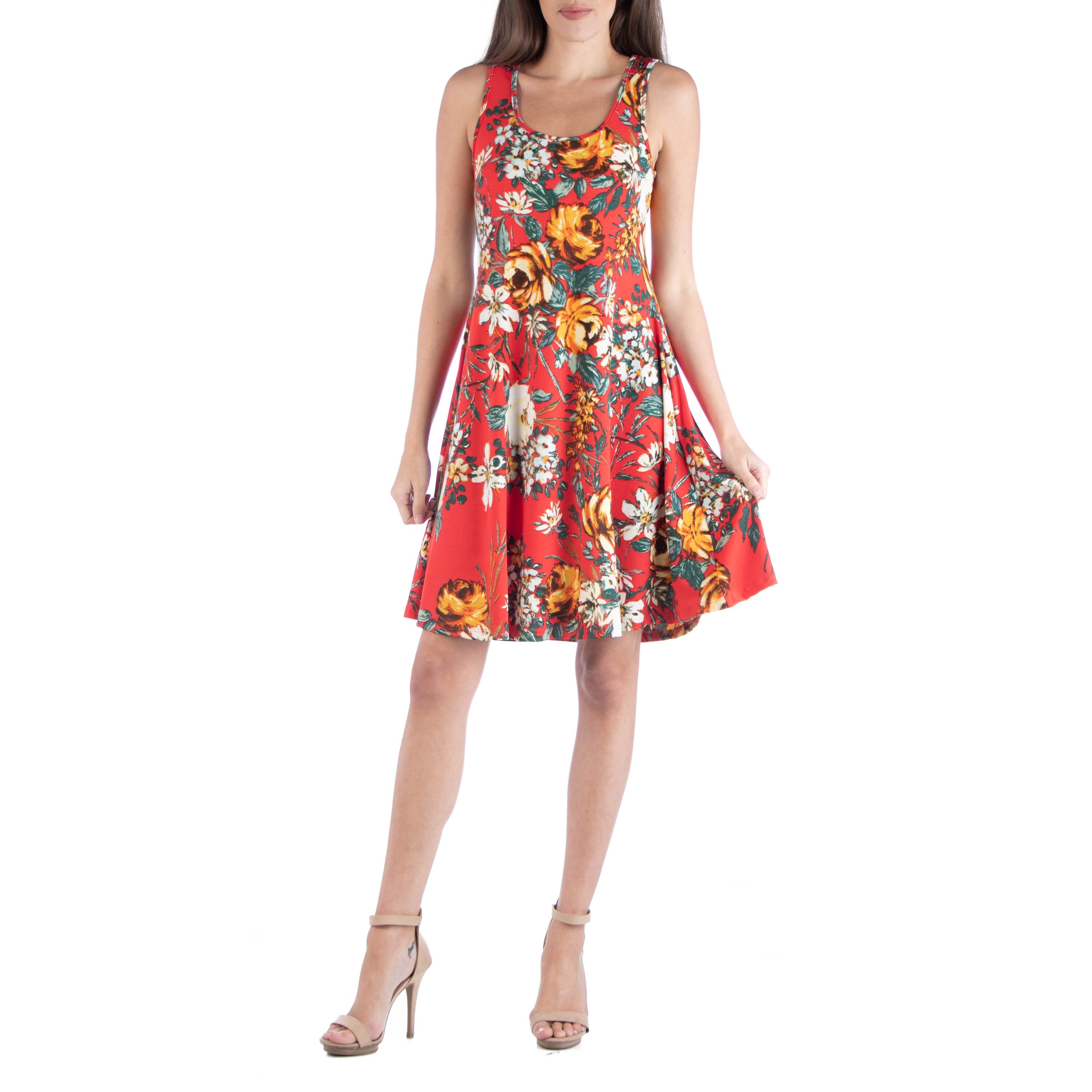 red floral fit and flare dress