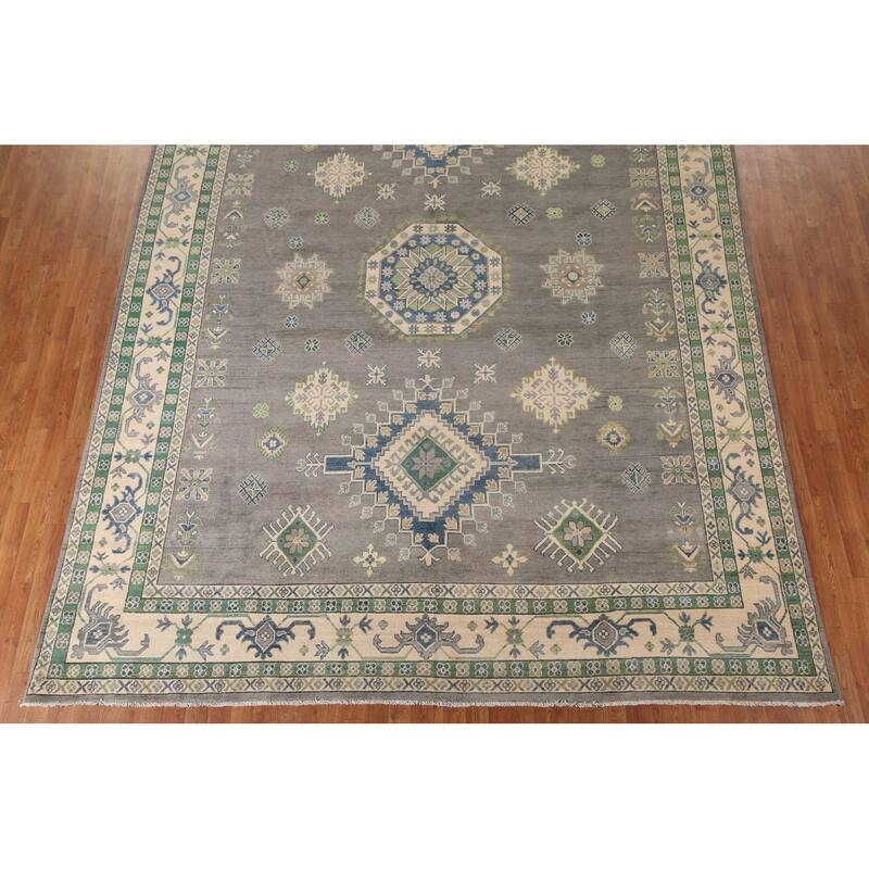 Gray Geometric Kazak Oriental Rug Living Room Handmade Wool Carpet - 9'10"x 13'1"