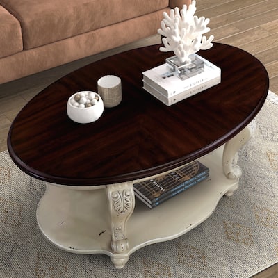 42'' oval wood coffee table for Living Room, 2-Tier Solid Wood Cocktail Table with Open Storage Shelf