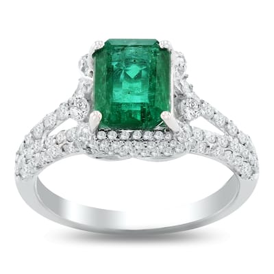 Auriya 14k White Gold 1 9/10ct Emerald-Cut Emerald and 5/8ct TDW Diamond Halo Engagement Ring