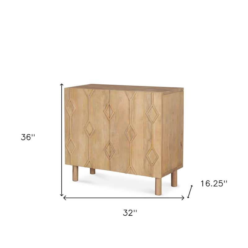 HomeRoots 36" Natural Solid Wood Carved Geometric Accent Cabinet With Two Doors