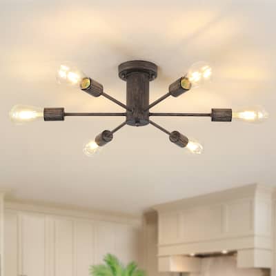 6-Light Modern Industrial Sputnik Semi-Flush Mount Ceiling Light - N/A