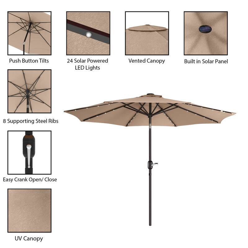 Lighted Patio Shade 9 Ft Outdoor Umbrella with 19lbs Weighted Base, Solar Powered LED by Villacera