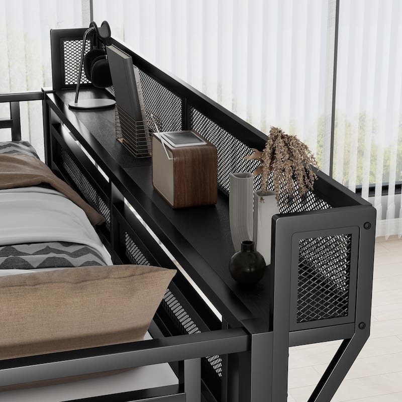 Metal Queen Size Loft Bed with Stairs,Wardrobe and Shelves