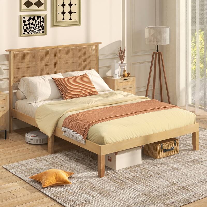 Gymax Twin/Full/Queen Size Bed Frame w/ Rattan Headboard 10 Solid Wood