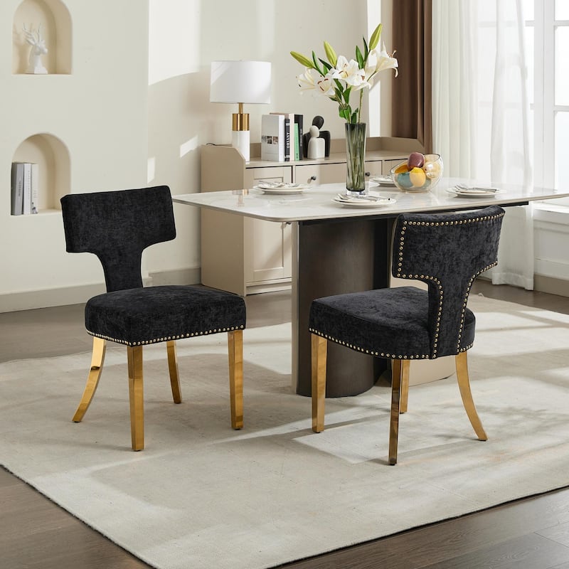 GDF Studio - Mid-Century Chenille Upholstered Dining Chairs with Curved Back & Golden Stainless Steel Legs, Set of 2 - Black