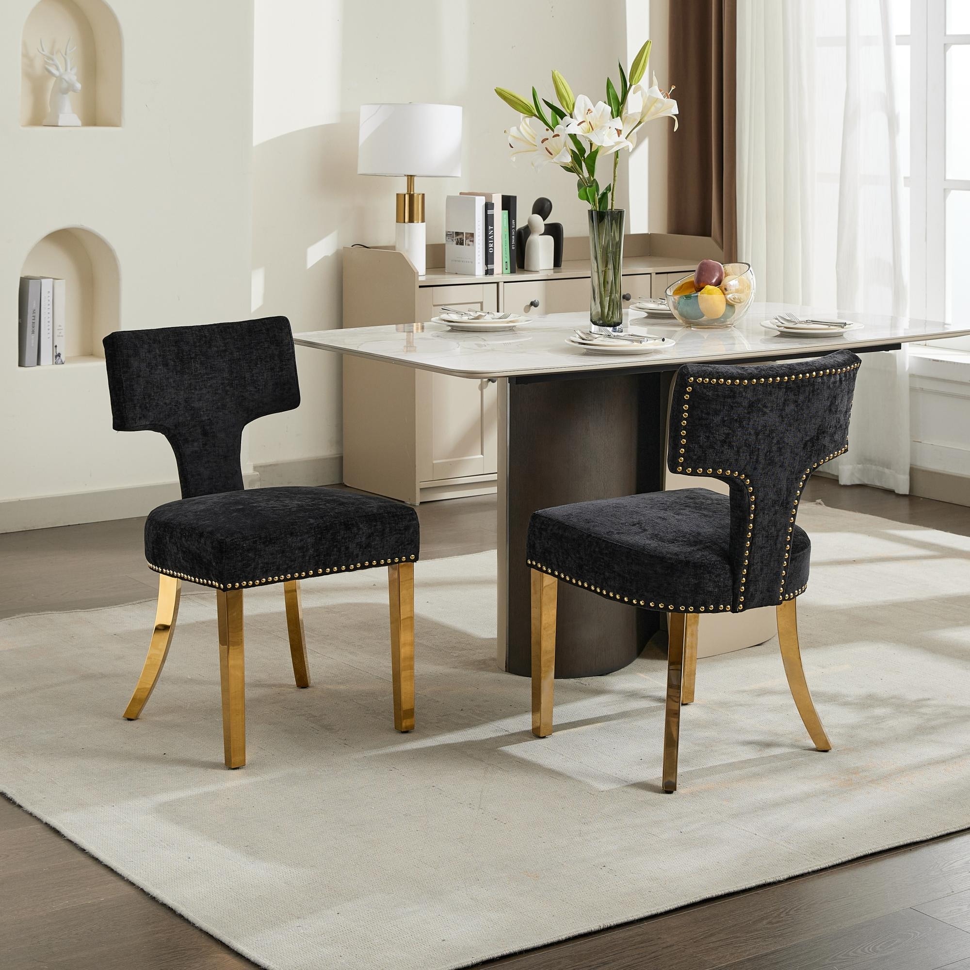 Mid Century Modern Dining Chairs Set of 2, Farmhouse Chenille Fabric Upholstered Accent Chair Curved Backrest