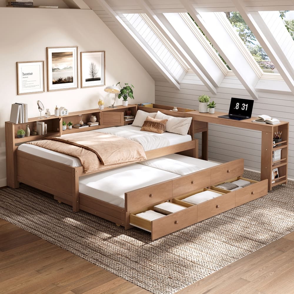 Full/Twin Daybed with Trundle & Storage Drawers - Wood Frame with Side Shelves and Desk
