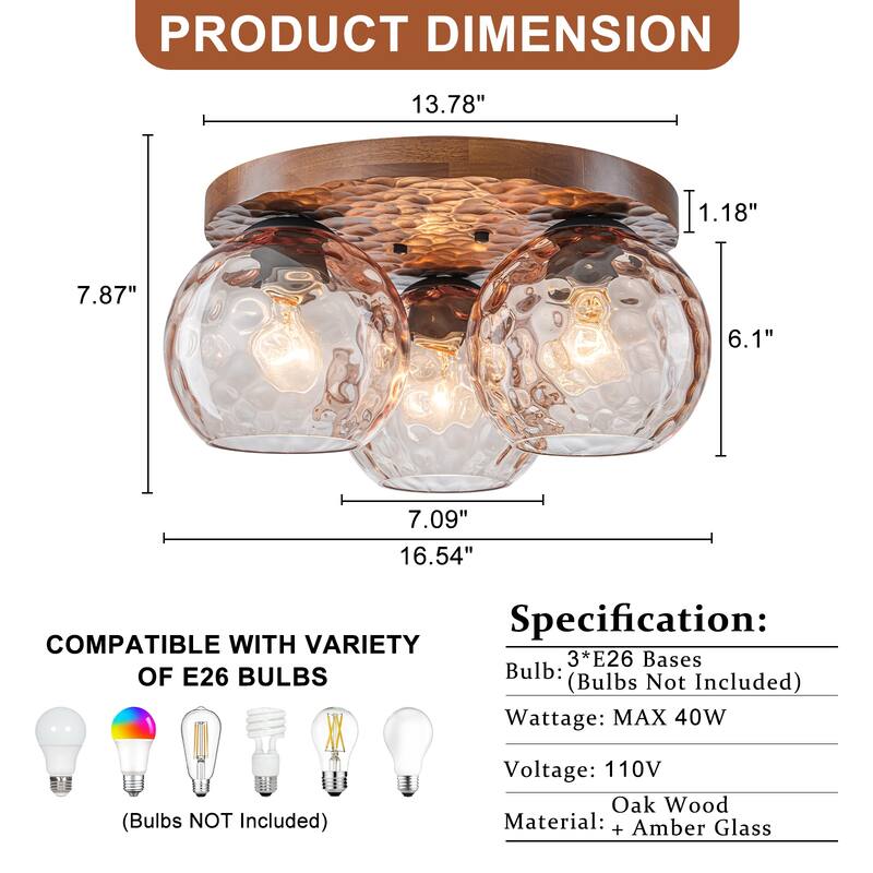 3-Light Rustic Wood Flush Mount Ceiling Light with Textured Amber Glass Shades - Dia.16.54-in