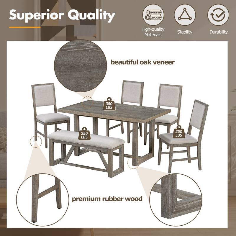 6-Piece Dining Table Set for 6, 60" Wooden Kitchen Table with 4 Chairs & Bench - Rubberwood Frame for Dining Room & Kitchen