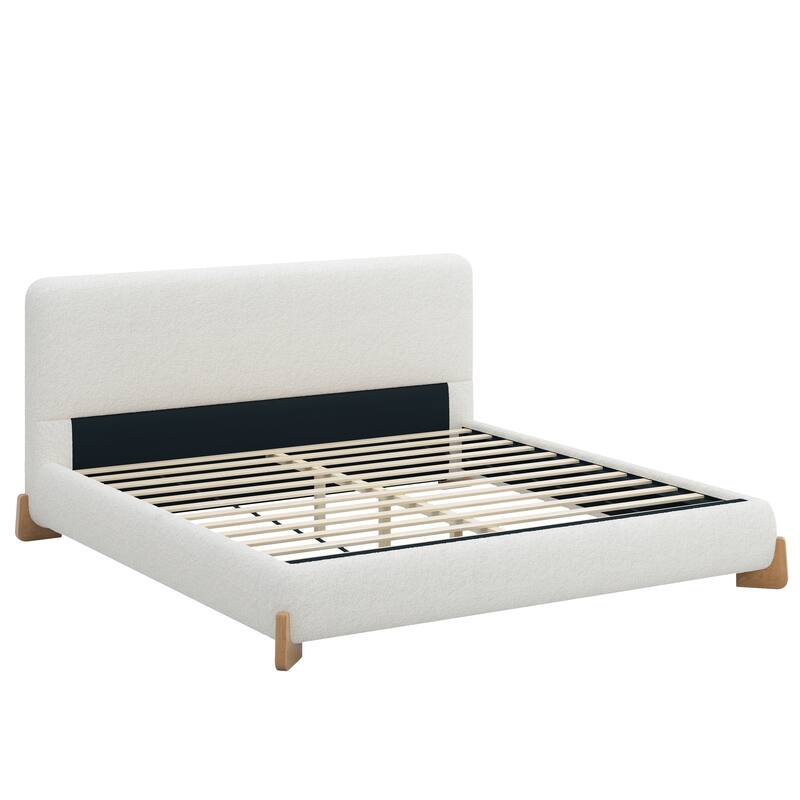 Roomfitters King Boucle Upholstered Bed Frame with Wood Legs, White