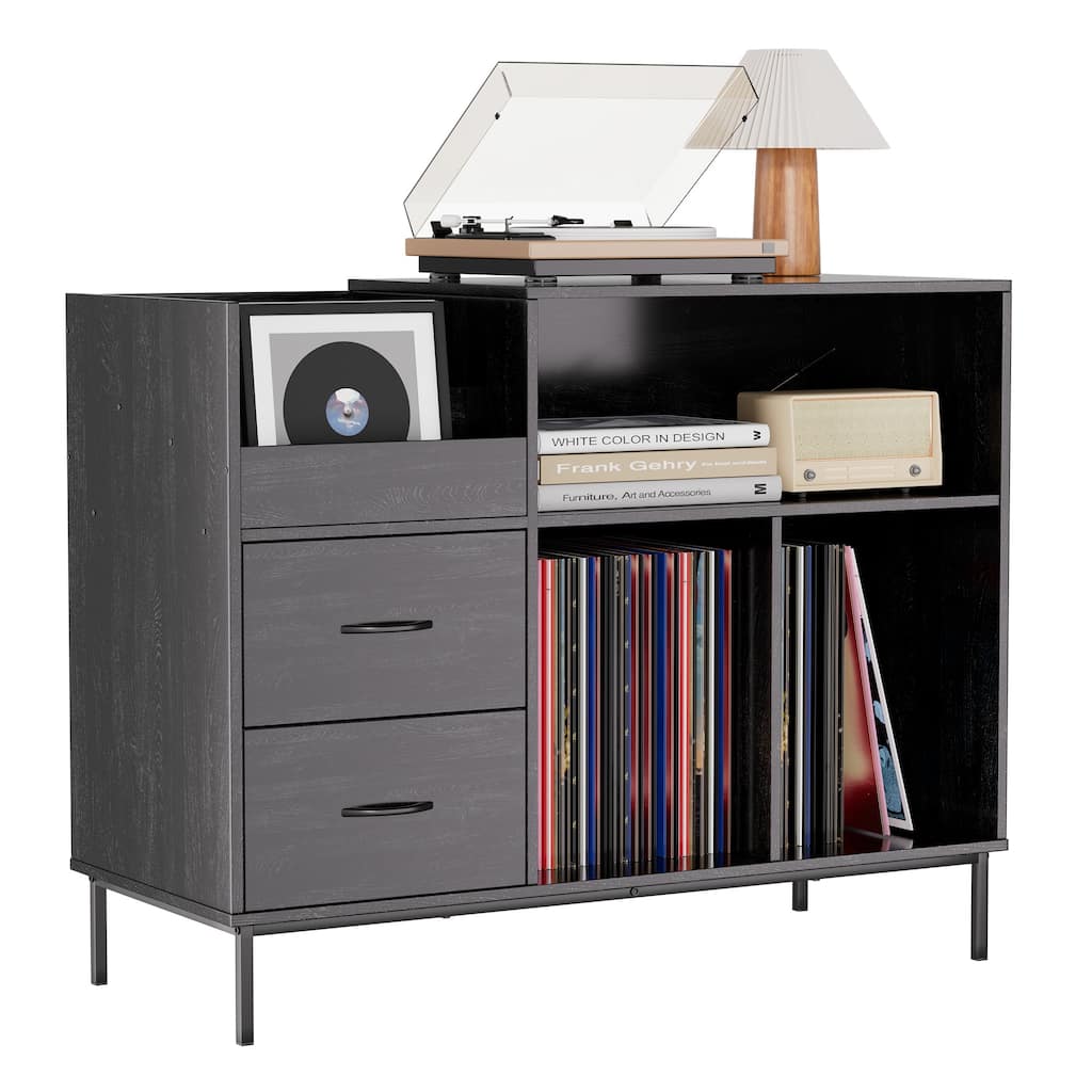 Record Player Stand with Power Outlet & Flip-Down Lid,Turntable Table with Storage,Media Console with 2 Drawers
