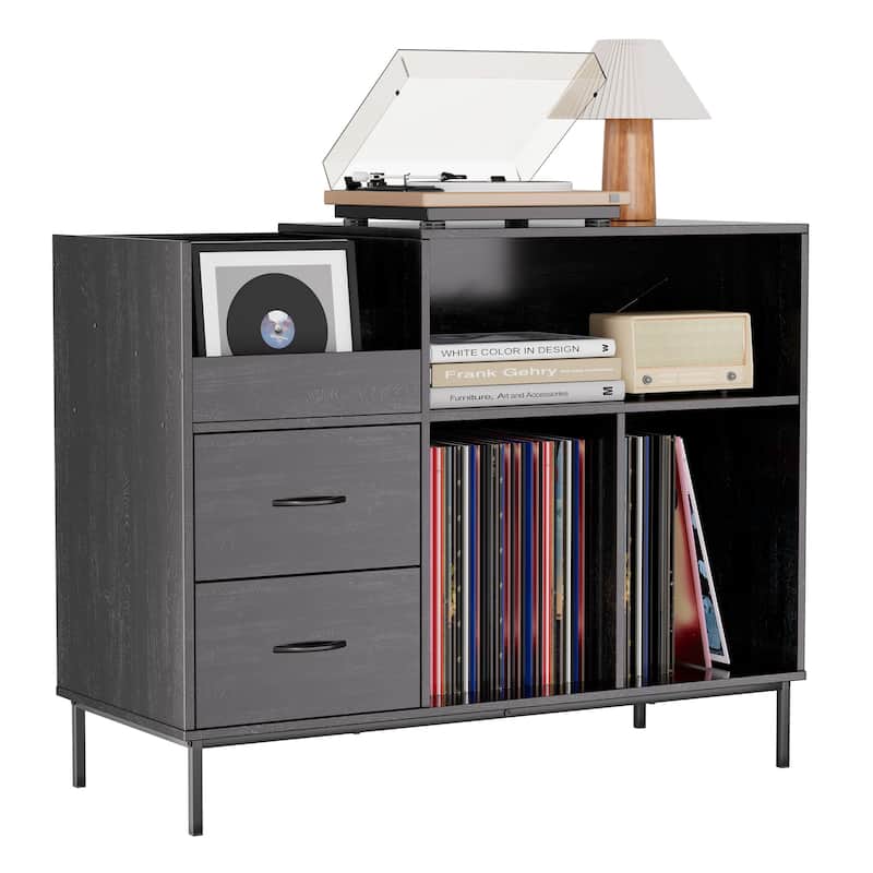 Record Player Stand with Power Outlet & Flip-Down Lid,Turntable Table with Storage,Media Console with 2 Drawers - Black