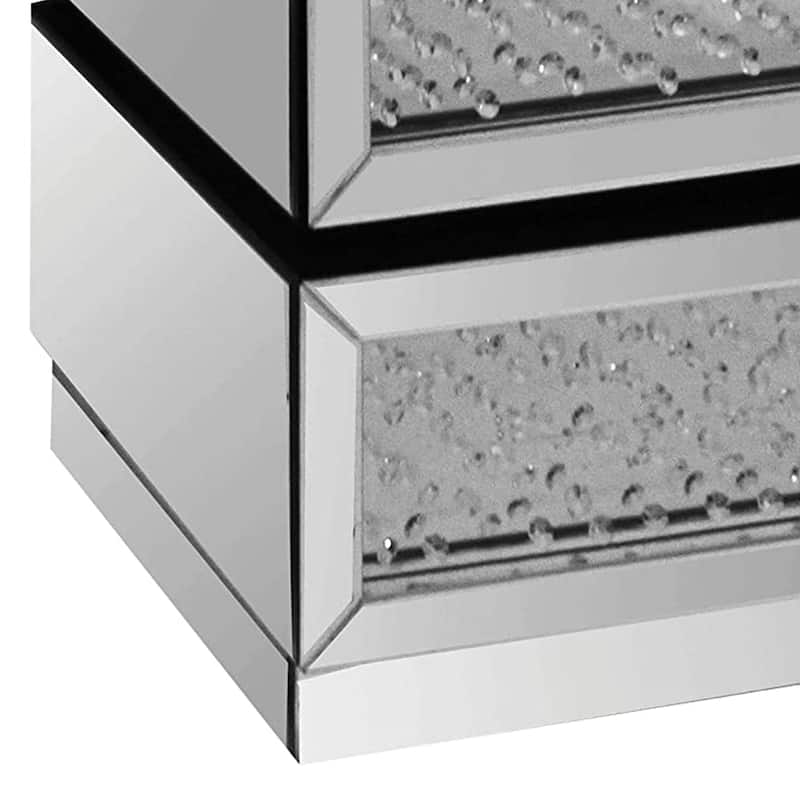 Pali 32 Inch Modern Nightstand Dresser Table, Faux Crystals, Mirror, Silver