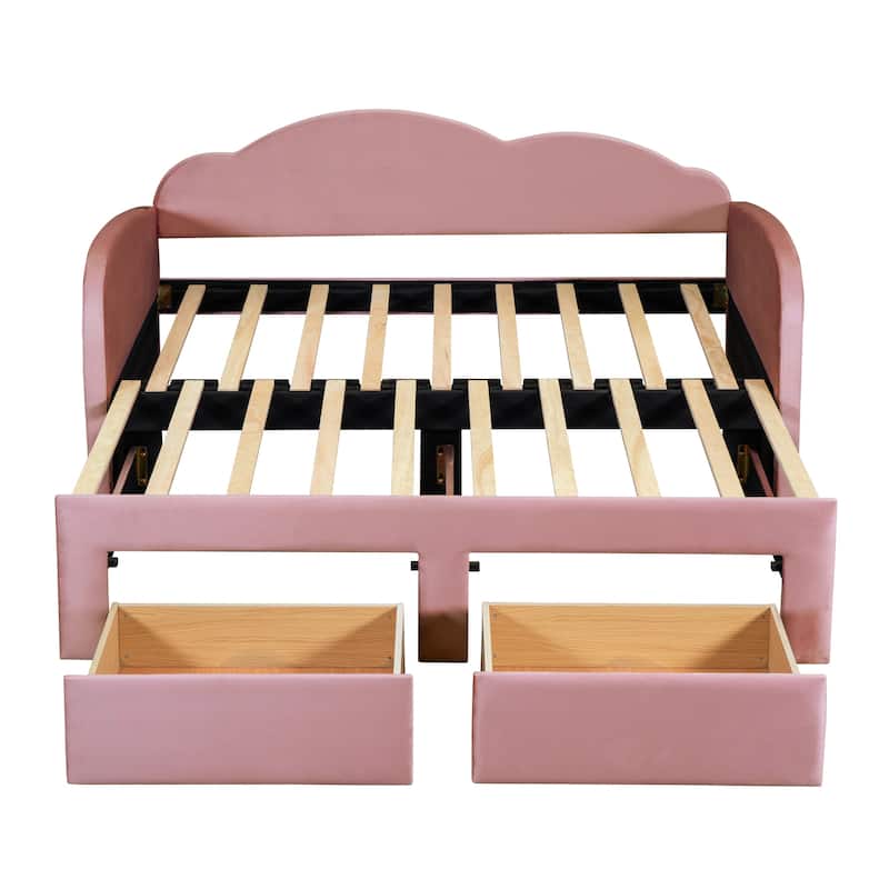 Twin Size Upholstered Daybed with 2 Storage Drawers and Trundle, Velvet Sofa Bed Frame with Cloud-Shaped Backrest and USB Ports