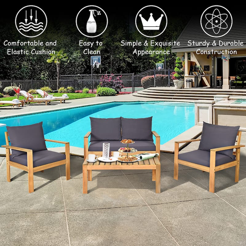 4PCS Outdoor Cushioned Wooden Conversation Set Patio Furniture Set
