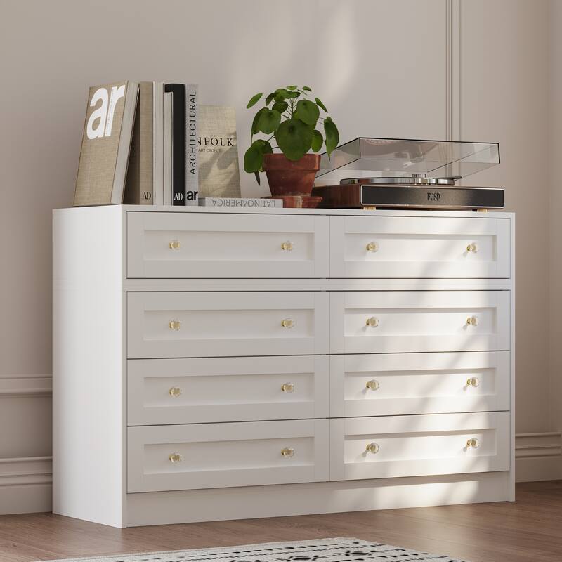 White Dresser & Vanity Combo Spacious Storage with Chic Crystal Knobs