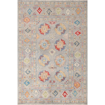 Traditional Kazak Area Rug Hand-Knotted Grey Wool Carpet - 4'0" x 5'11"