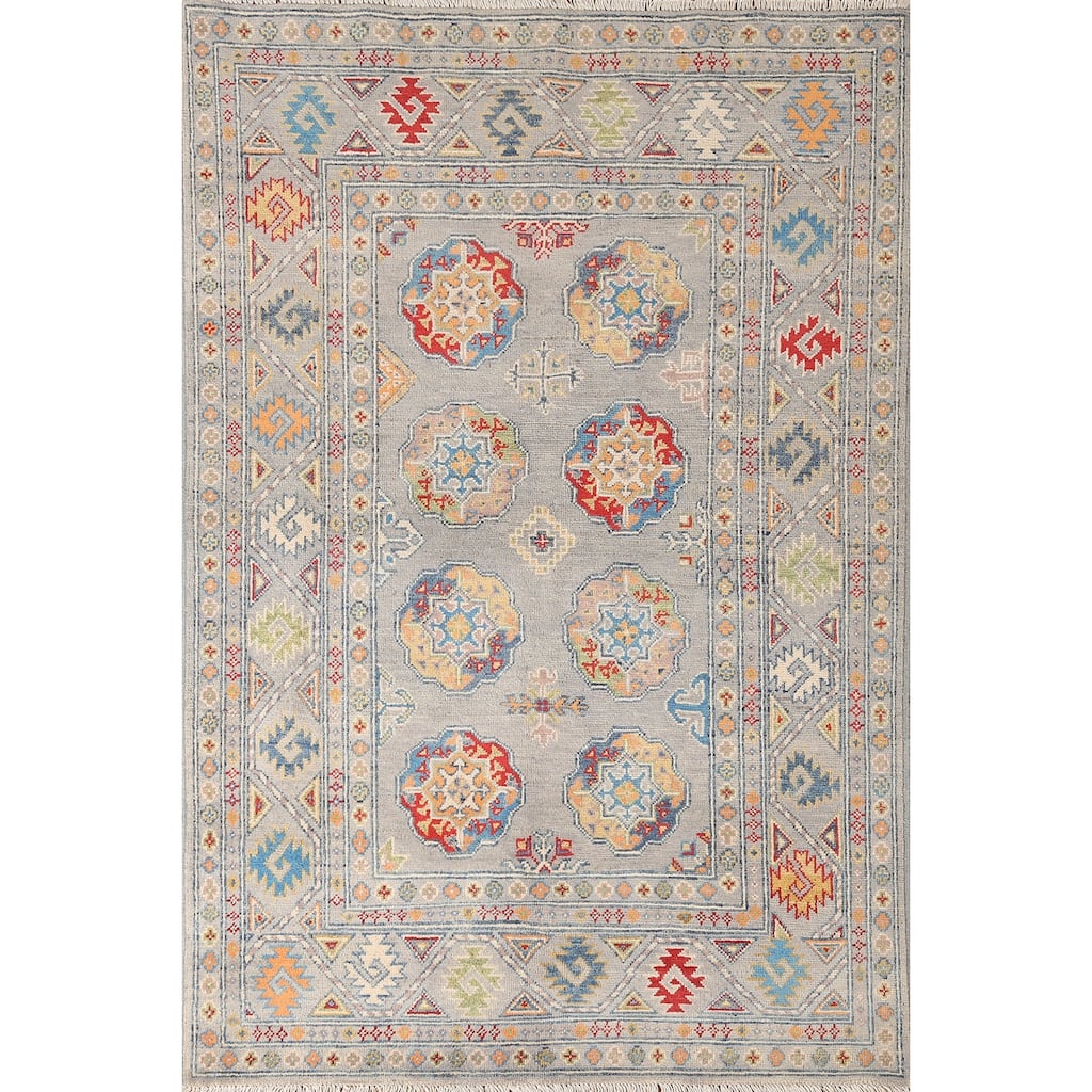 Traditional Kazak Area Rug Hand-Knotted Grey Wool Carpet - 4'0" x 5'11"
