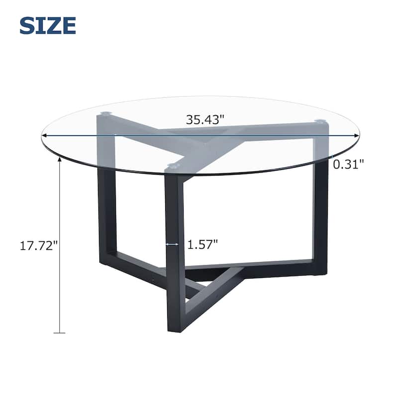 Round Glass Coffee Table with Tempered Glass Top and Wood Base - 35.43" W × 35.43" D × 17.72" H