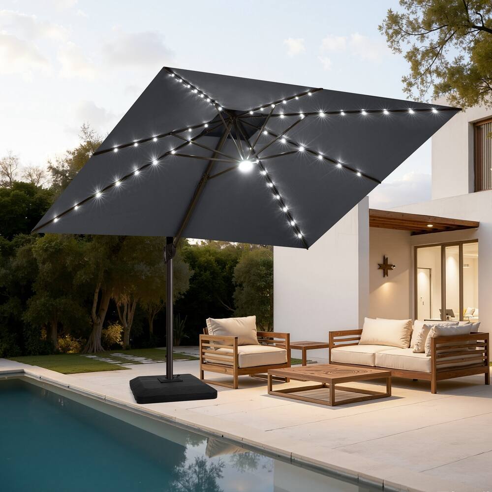11FT Patio Solar-Powered LED Lights Double Top Cantilever Umbrella with Base