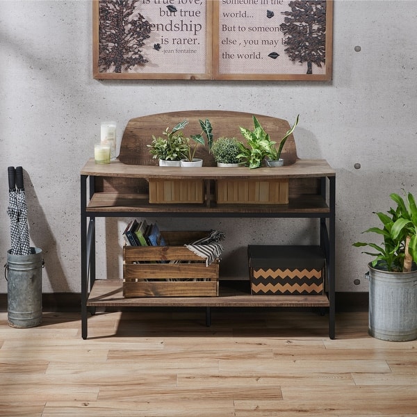 slide 2 of 7, Hildebrand Rustic Oak 47-inch Metal 3-Shelf Plant Stand by Furniture of America