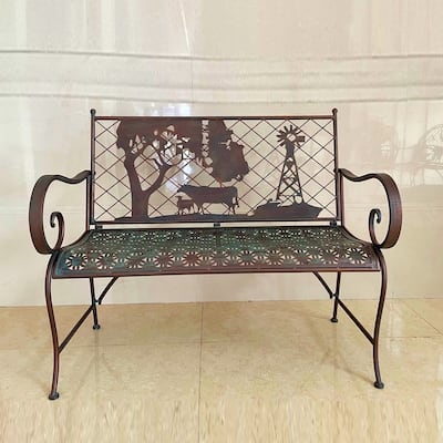Rectangular Outdoor Bench with Cow & Windmill Silhouette "Strasburg" - 43.7" L x 20.47" W x 37.01" H