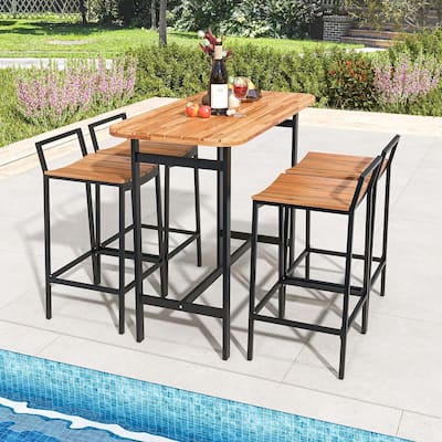 5 PCS Wood Patio Bar Set Outdoor Bar Table Chairs Set w/ Metal Frame