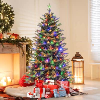 6 FT Pre-Lit Artificial Christmas Tree Hinged Xmas Tree w/ LED Lights