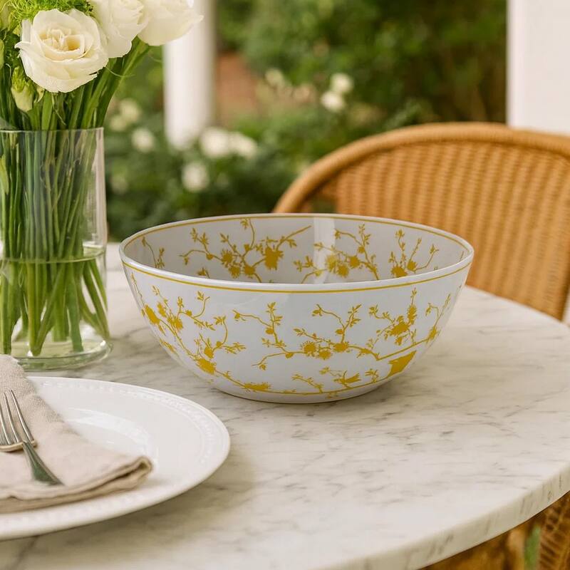 Alex Decorative Bowl, Yellow Bird Floral Motif, White Ceramic 14 Inch