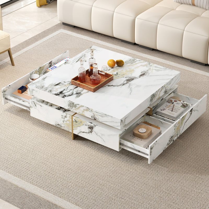 Large Square Coffee Table with 4 Drawers, White Marbling Cocktail Table for Living Room, Modern Center Table for Office