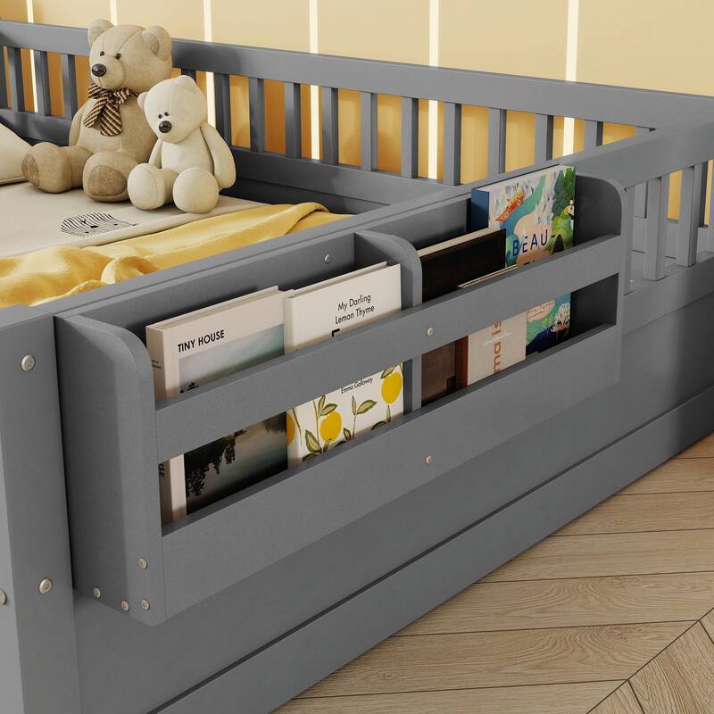 Floor Bed Frame with High Rails, Wooden Kids Floor Bed with Light and Storage Shelf