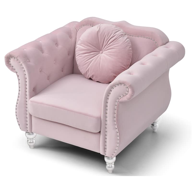 Solid Velvet Accent Chair with Round Pillow - 39" - Pink