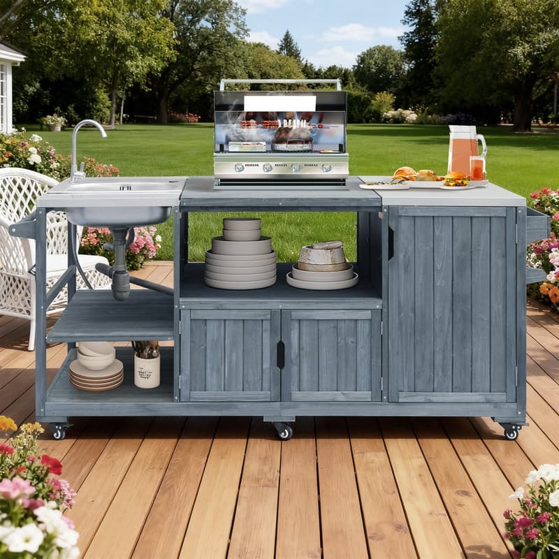 75.4" Rolling Outdoor Kitchen Island with Stainless Steel Top, Premium Solid Wood Grill Cart with Sink and Wheels for Outdoor - Grey