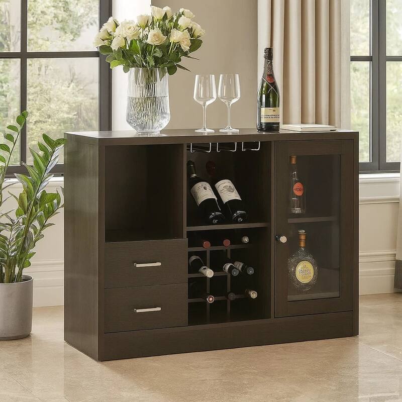 Wooden Server with One Side Door Storage Cabinets and Two Drawers, Espresso Brown