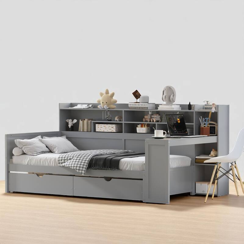 Multi-Functional Gray Twin/Full Size Daybed with Storage Shelves, Drawers, and Foot-End Study Desk